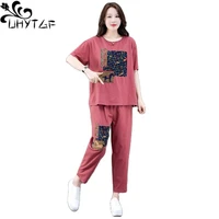 uhytgf vintage print women 2 pieces sets short sleeve pullover loose size t shirt toppants tracksuit cute girls summer suits 9