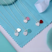 18k gold stainless steel enamel pink double heart necklace womens necklace short pendant necklace titanium steel party jewelry
