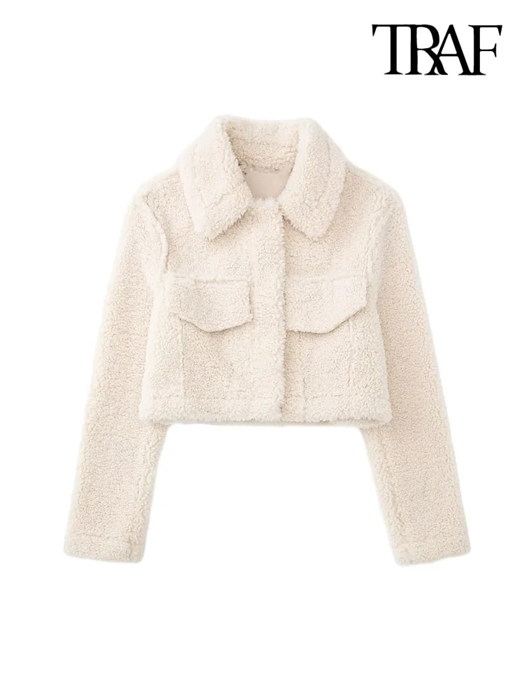 

Women Fashion With Flap Thick Warm Fleece Crop Jacket Coat Vintage Long Sleeve Snap-button Female Outerwear Chic Tops