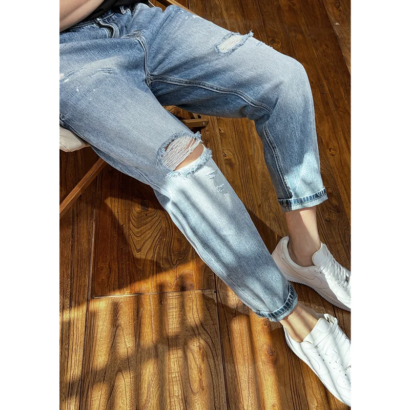 Streetwear Men 2022 New Pattern Recreational Black Ripped Ninth Pants Straight Cylinder Comfortable Loose Jeans Autumn Female