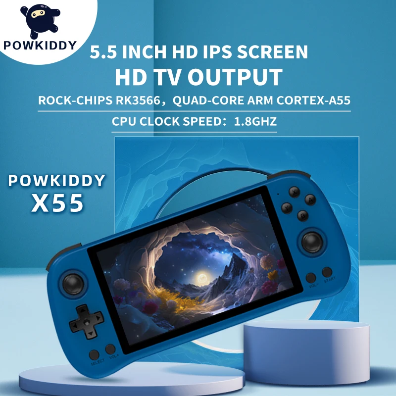 

Powkiddy X55 Retro Game Console Linux System 5.5-Inch IPS Screen RK3356 Support Connected TV Bluetooth Handle Children's Gifts