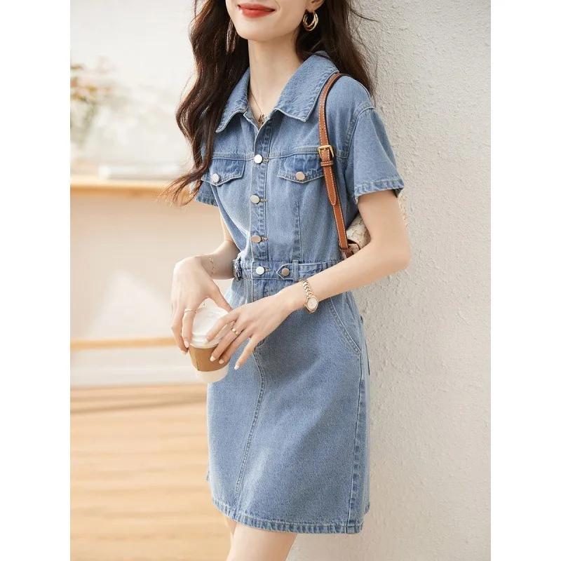 

Denim dress female summer new retro French waist short sleeve stitching single-breasted skirt