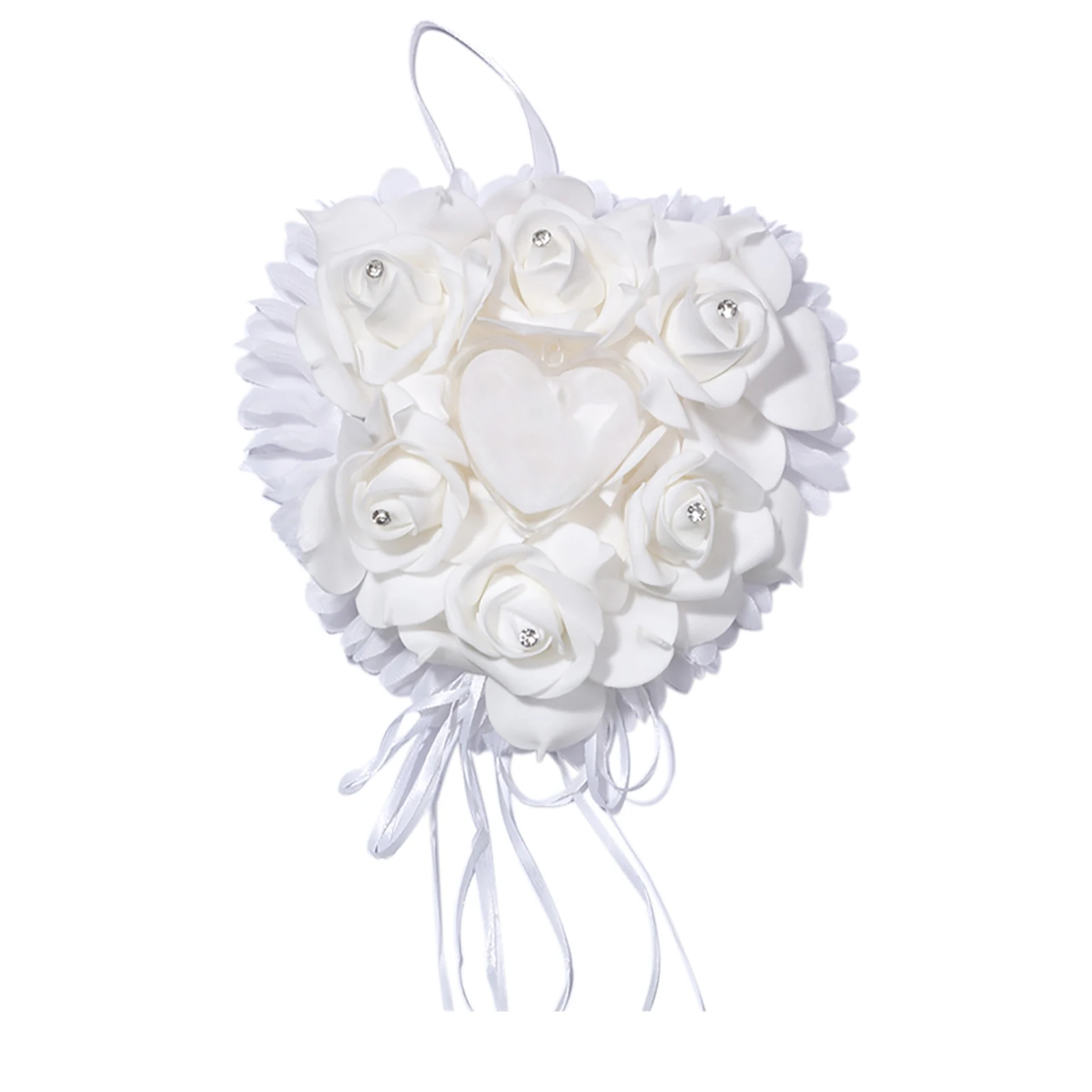 

Party Vintage Heart Shape Artificial Rose Wedding Ring Pillow Cloth Hanging Engagement Marriage Decor Cushion Bearer With Ribbon