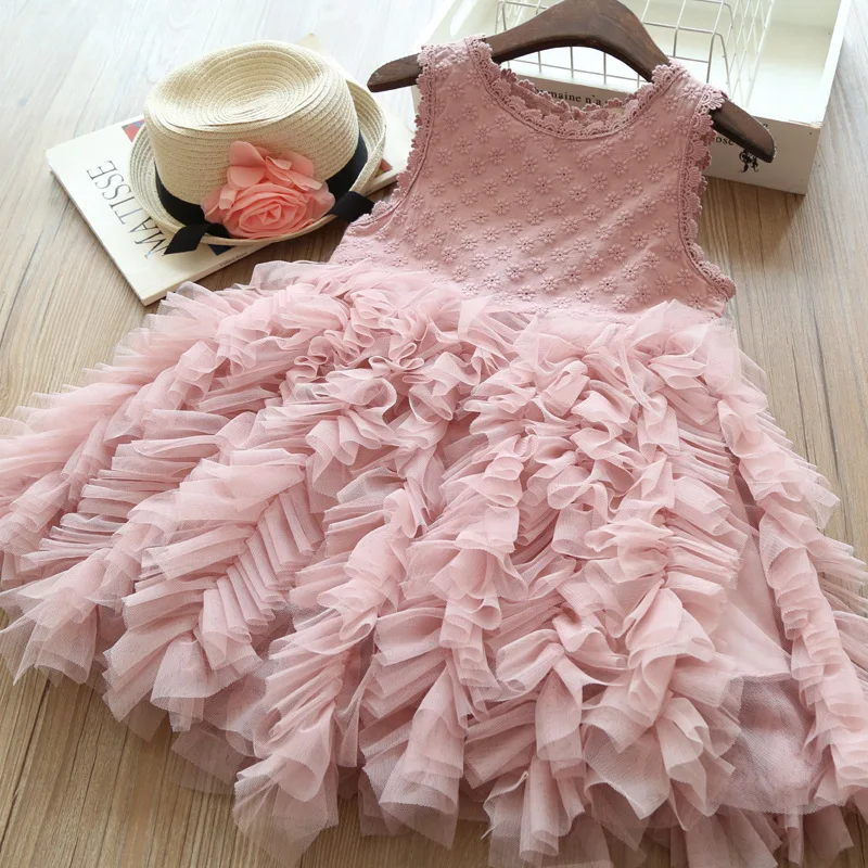 

Summer Girls Lace Dresses New Fluffy Cake Floral Princess Dress Girl Wedding Birthady Party Costume Children's Dress Kids Gown
