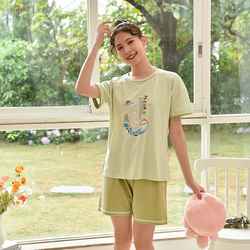 

Summer Thin Sleepwear New Women's Print 2PCS Pajamas Suit O-Neck T-Shirt&Shorts Home Clothes Loose Pijamas Comfort Nightwear