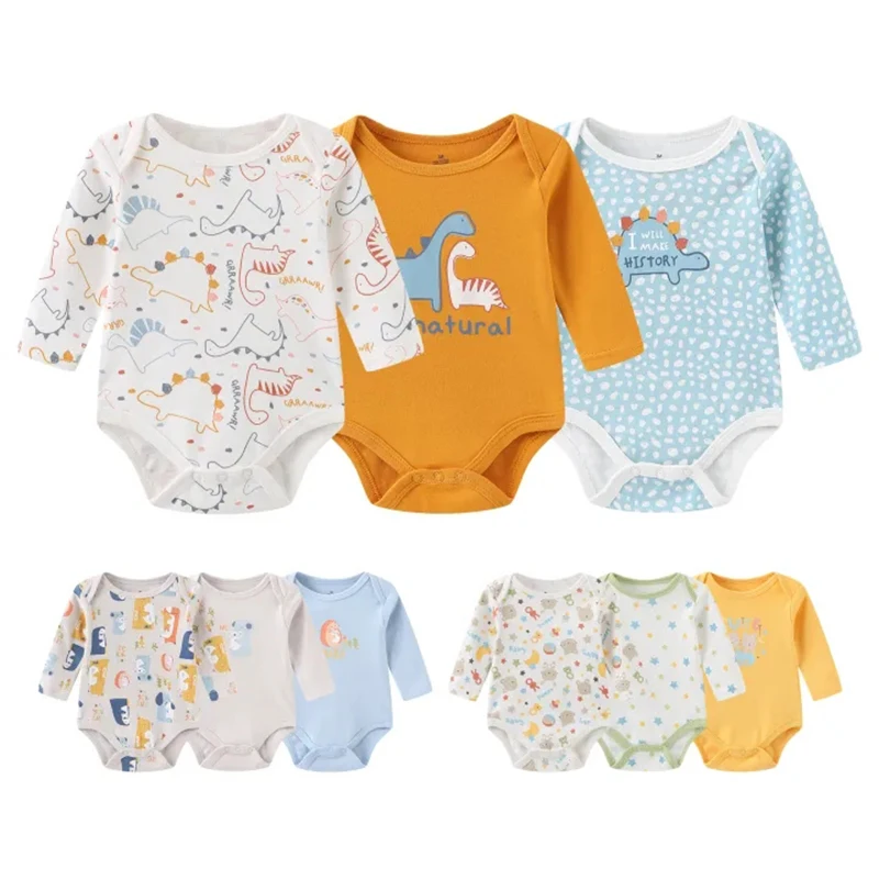 

2023 Cartoon Print Baby Girls Clothes 3Pieces Long Sleeve Bodysuit Cotton Newborn Baby Boy Clothes 0-12M Autumn Spring Jumpsuits