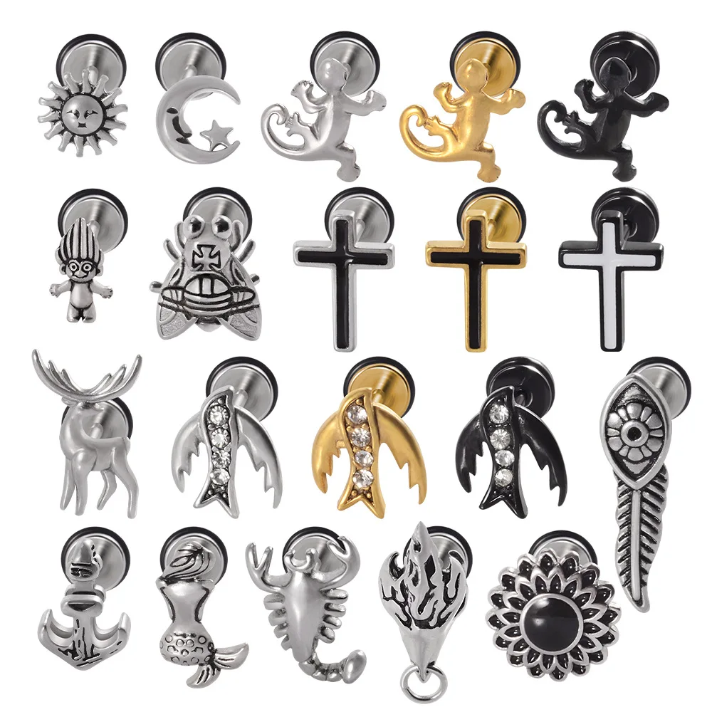 

2pcs Stainless Steel Cross Stud Earrings Antlers Dolphin Lizard Animal Sun Moon Straight Rod Ear Piercing Women Earrings Jewelry