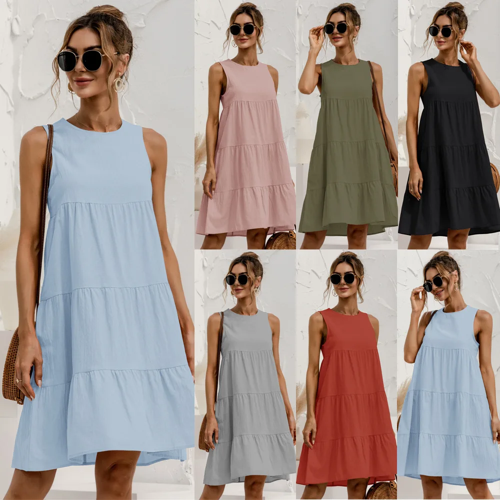 

2021 Summer Women Vest Dress Cotton O-Neck Sleeveless Solid Midi Dress Stitching Large Swing Casual Loose Sundress Vestidos
