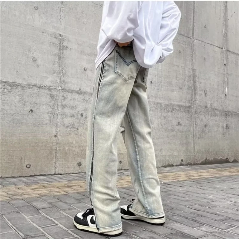 DEEPTOWN Zipper Ripped Jeans Casual Denim Pants Men Trousers Male Fashion Loose Spring Autumn Hip Hop Streetwear Korean hole