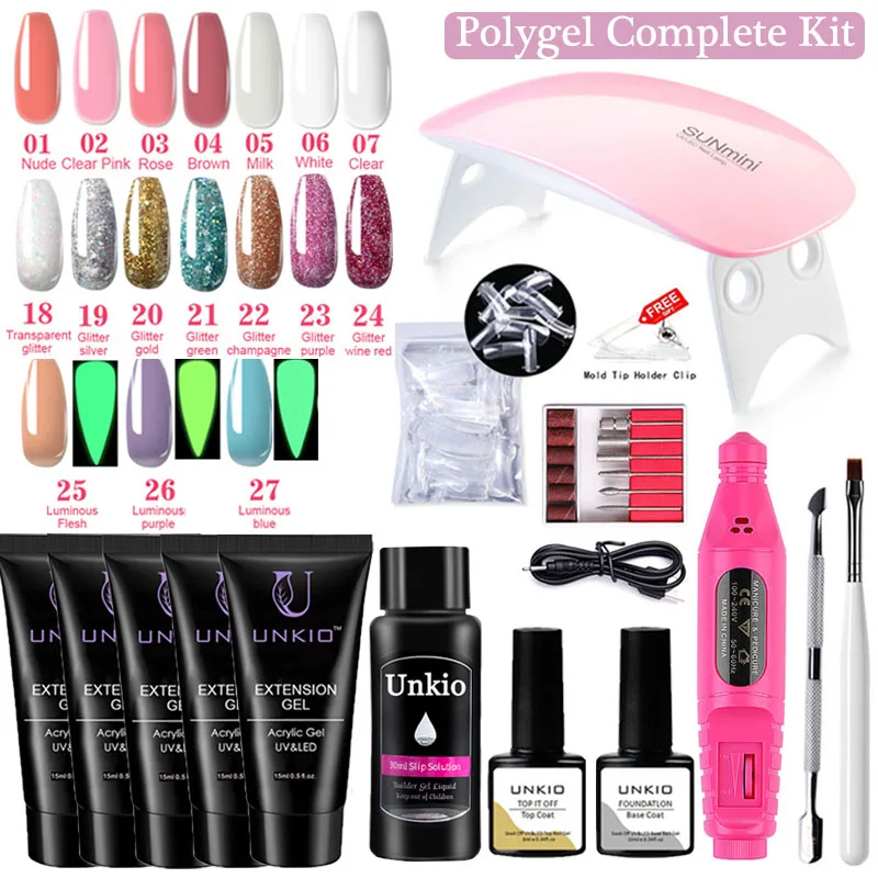 

UNKIO 14/11Pcs/Set Poly Nail Gel Kit Quick Builder UV LED Nail Extension Gel Set Clear Pink Finger Extending Nail Complete Kit