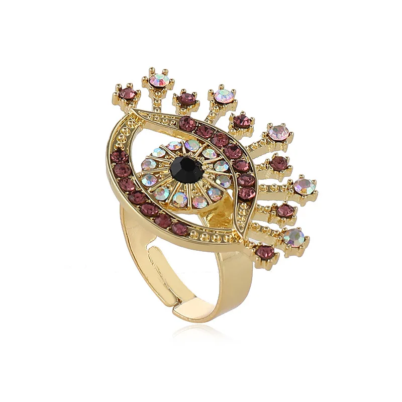 

Statement Charms AB Purple Rhinestone Evil Eye Shaped Exaggerated Chunky Adjustable Finger Rings for Women Jewelry