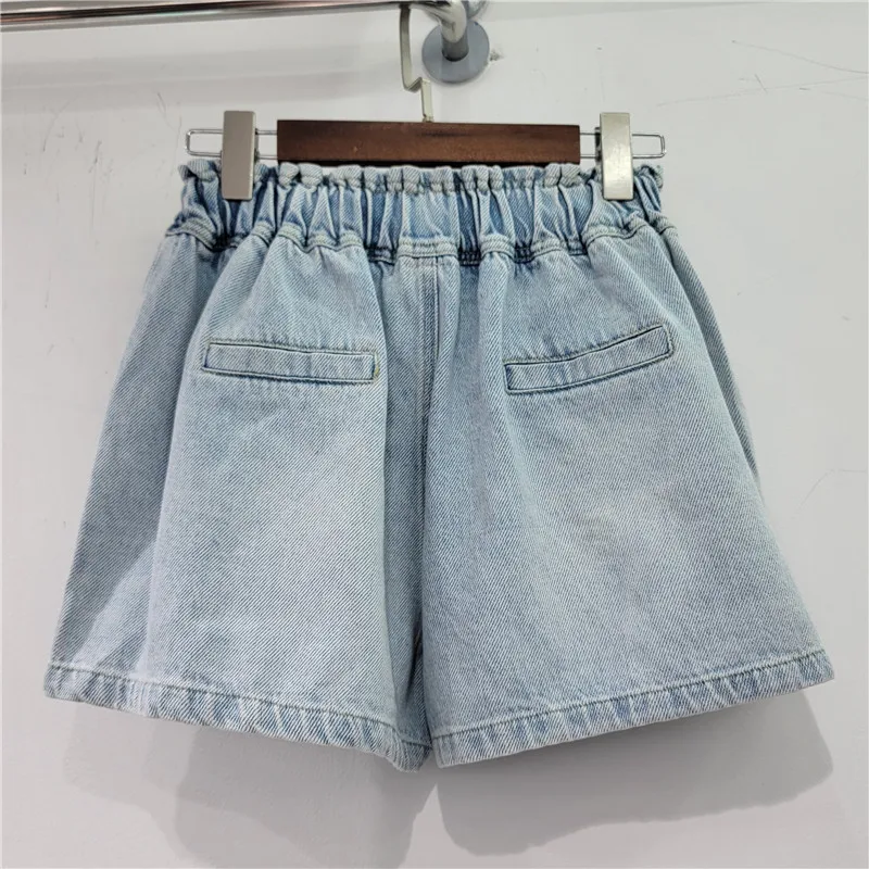 Summer New Heavy Handmade Flower Rhinestone-Embedded Elastic Short Pants High Waist Loose Slimming Denim Wide Leg Shorts