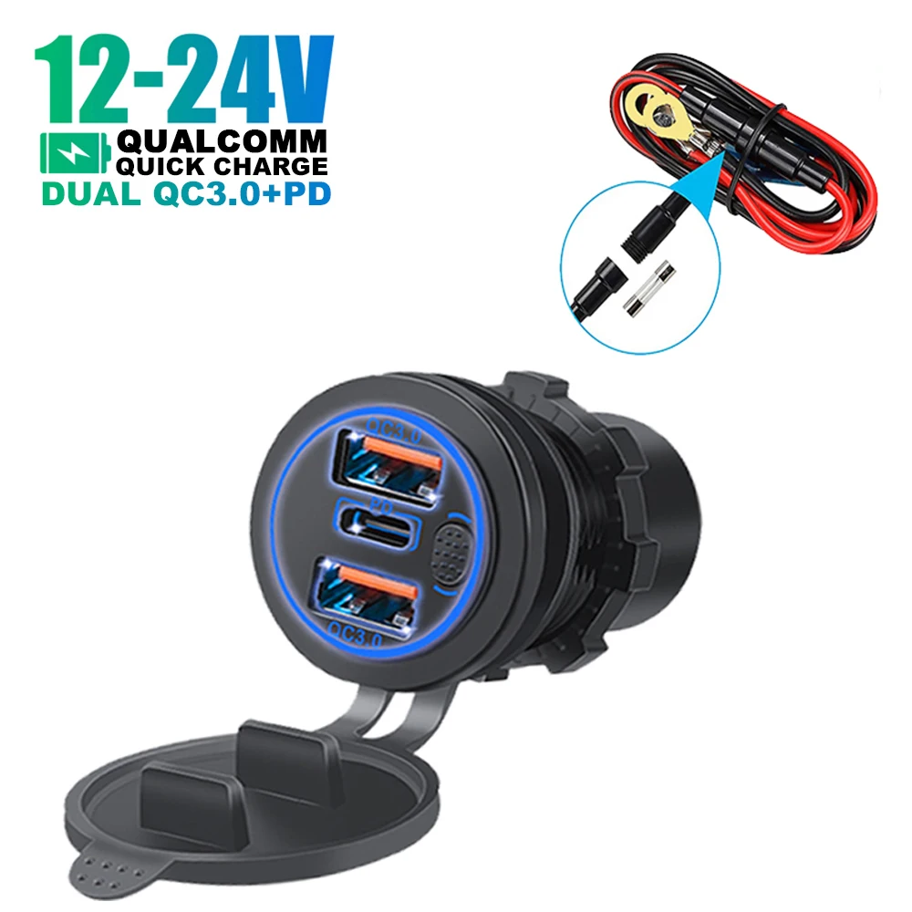 

Тройная алюминиевая металлическая розетка для автомобильного зарядного устройства, 12 В/24 В, PD3.0 и два USB-порта QC3.0 с кнопочным переключателем...