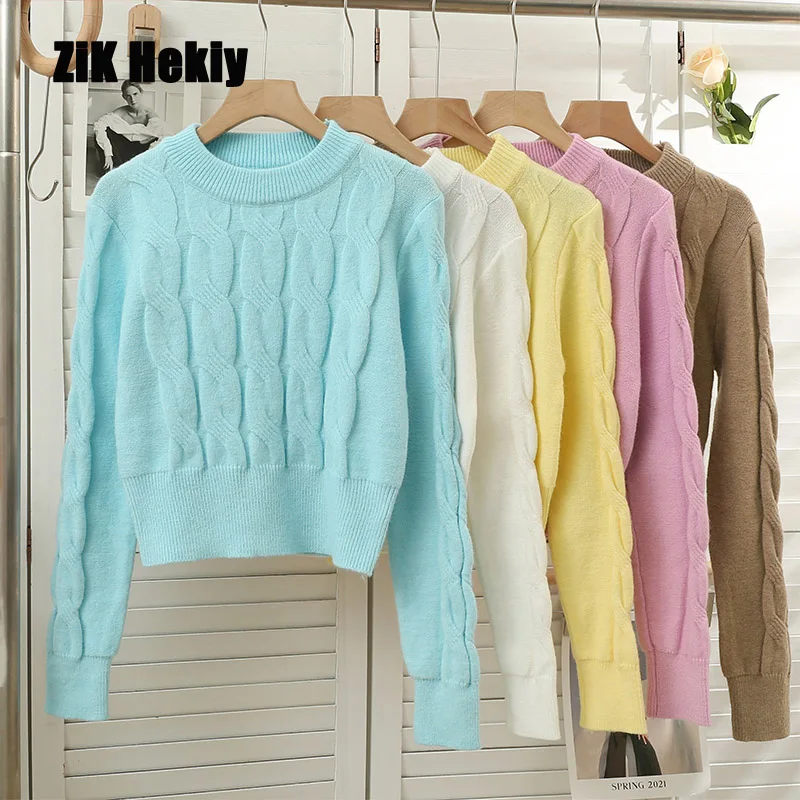 

Zik Hekiy Women Autumn And Winter Short Paragraph Twist Pattern Knit Solid Color Versatile Round Neck Long-Sleeved Sweater