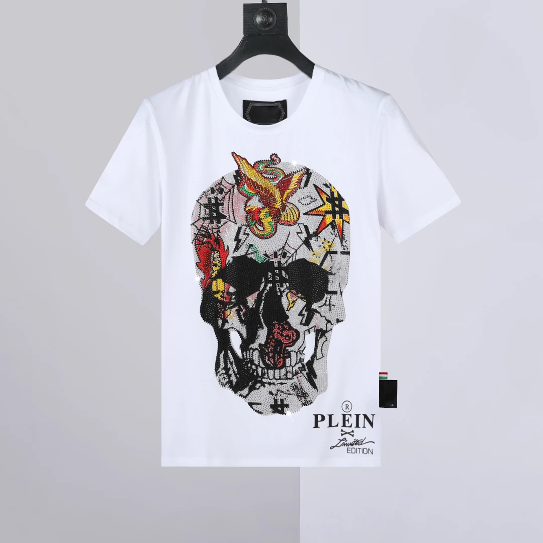 

2022 summer new short sleeved men's clothing pure cotton skull Phoenix print diamond inlaid top T-shirt fashion trend plein