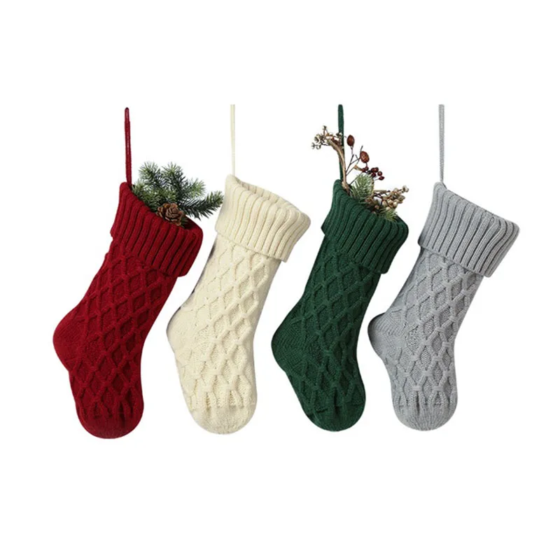 

1pc Christmas Stockings Rhombus Knitted Socks Gift Bags Christmas Decorations for Home Xmas Tree Ornaments 4 Colors