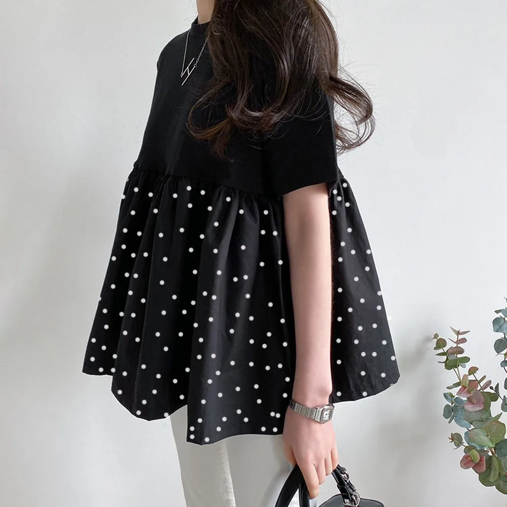 

2022 Summer Women's T-Shirt Polka Dots Round Neck Standard Short Sleeve Korean Sweet Loose Top Young Girl Cute Daily Pullover