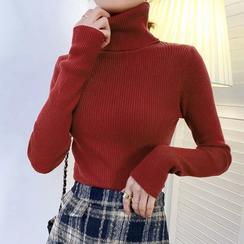 

New Women Pullover Turtleneck Sweater Autumn Long Sleeve Slim Elastic Korean Simple Basic Cheap Jumper Solid Color Top