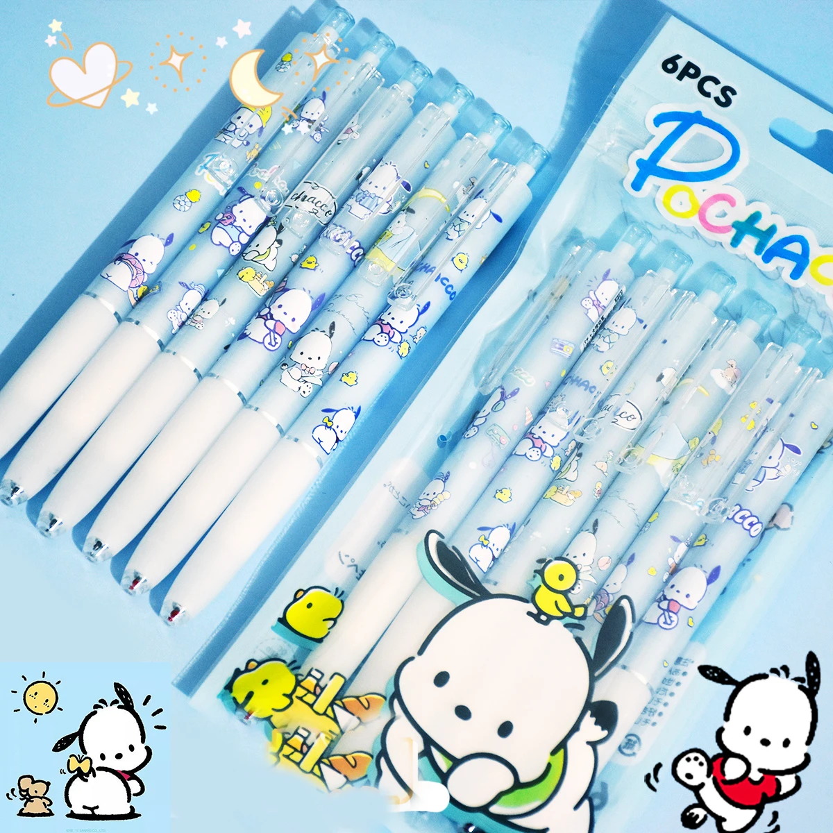

6PCs Pochacco Neutral Pens Kawaii Anime Sanrioed Student Stationeries Cute Gel Ink Pen Press Smooth Quick Drying 0.5MM ST Refill
