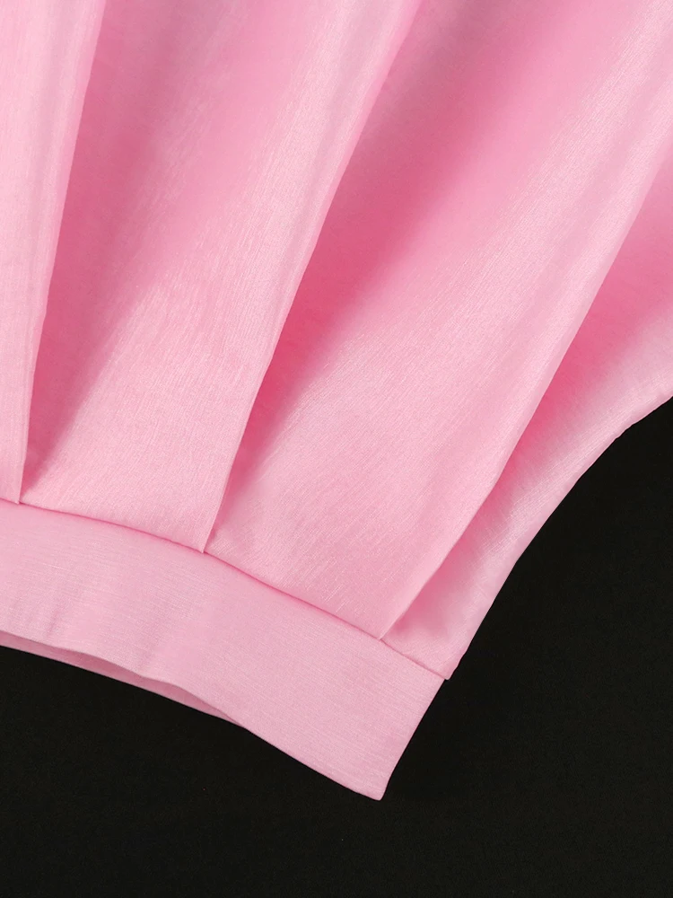 Pink Short Tops Plus Size 4XL O Neck Short Sleeve Pleated Pullover Crop Top Women Shirts Blouse for Ladies Summer Evening Party