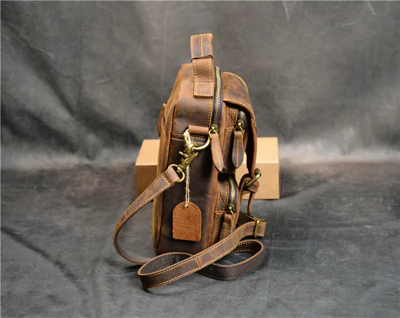 Vintage outdoor daily crazy horse cowhide men small handbag weekend casual natural genuine leather shoulder messenger bag