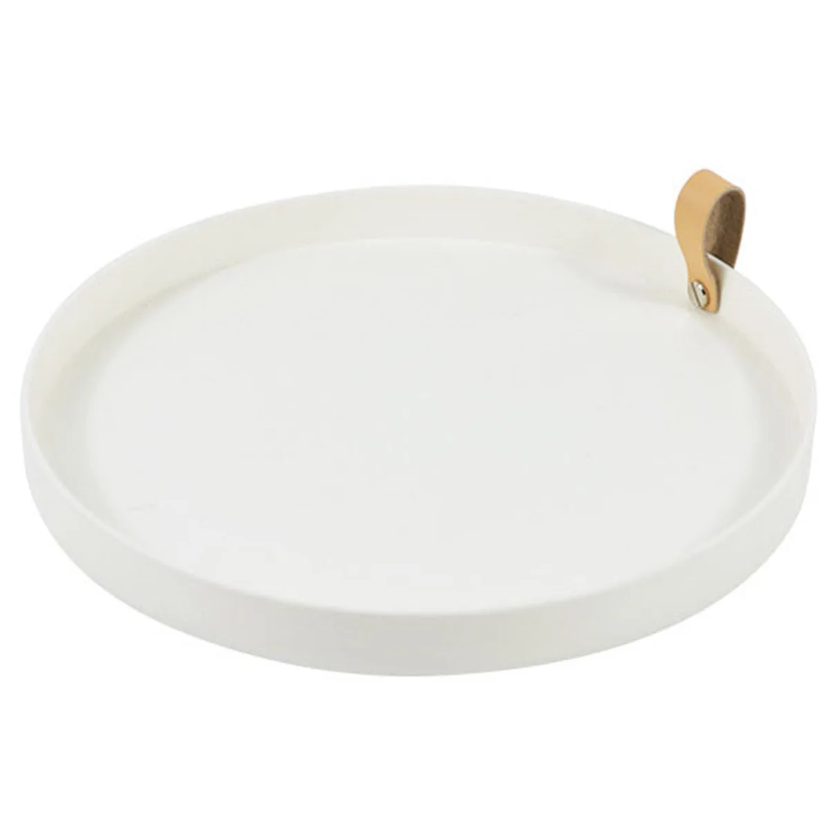 

Round Plastic Tray Sturdy Food Serving Tray Lightweight Desktop Storage Tray with Leather Handle Safe Jewelry Display Tray
