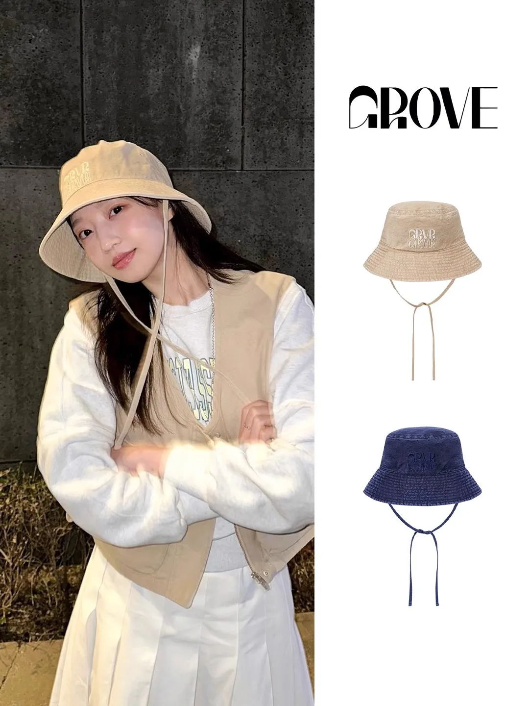 

Korean niche fisherman hat GRVR letter embroidered retro washed pure cotton ribbon tied sun protection hat