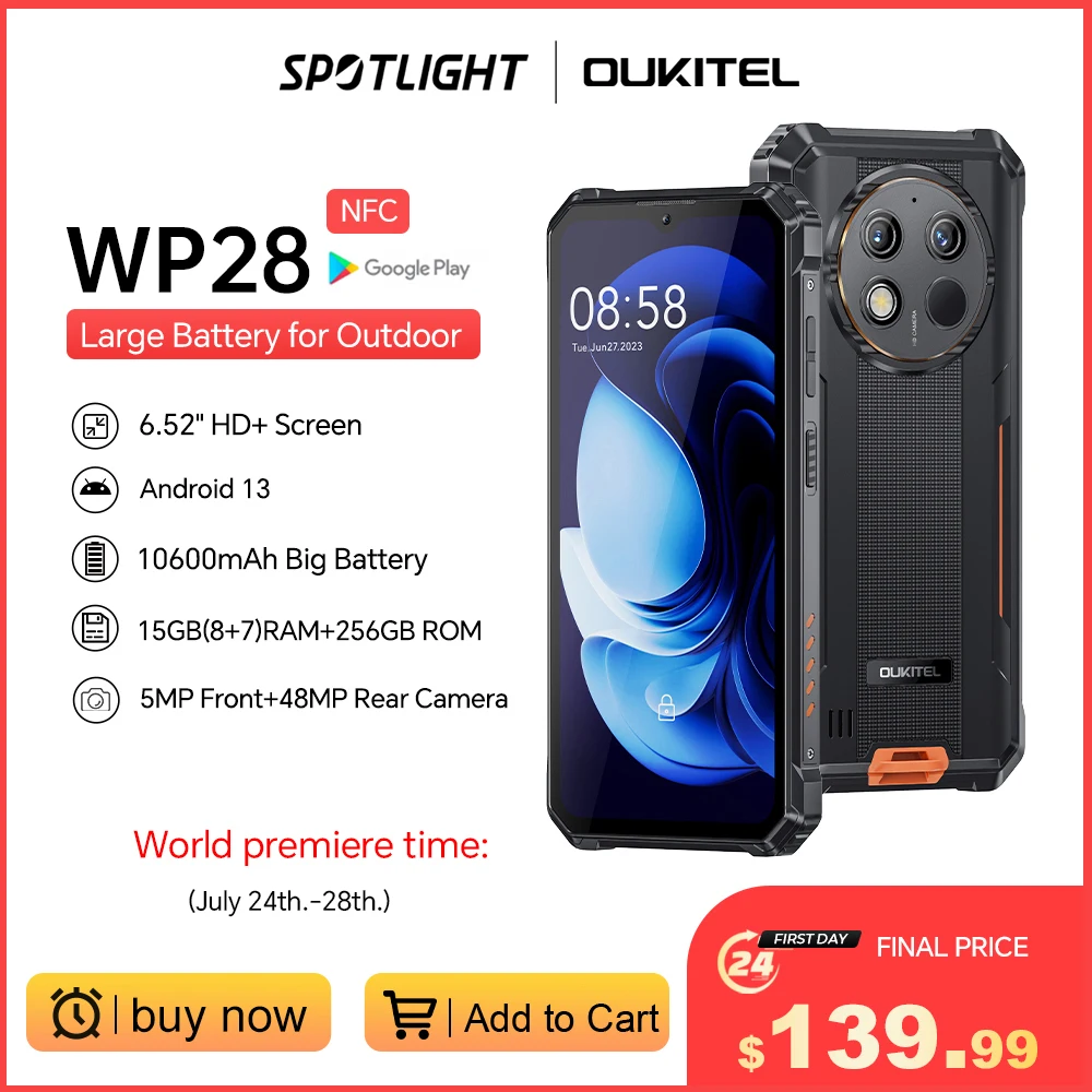 [Prima Mondiale] Oukitel Wp28 Rugged 6.52 ''Hd + 10600Mah 8Gb + 256Gb Fotocamera Android13 48Mp