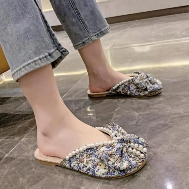 

Женские босоножки с жемчугом и бантом, цветочные сандалии на Плоском Каблуке, вечерние босоножки для стриптиза, женская обувь, размер 43, 2023