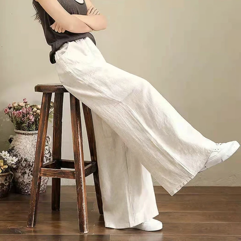 

Oversize Cotton Linen Pants For Women Vintage Loose Basic High Waist Wide Leg Trousers Plus Size S-5XL Casual Long Pant