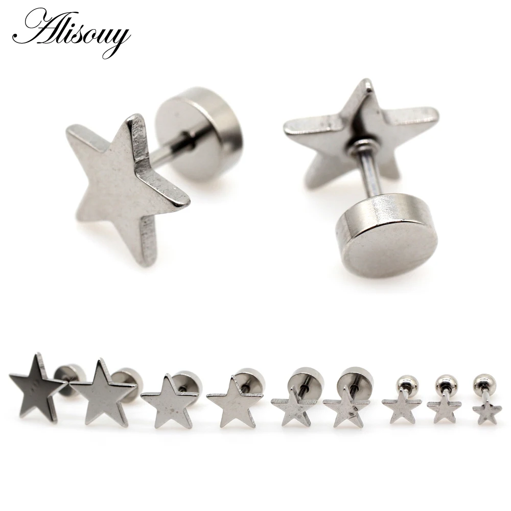 Alisouy 2PC Women Men Star Style Stainless Steel Piercing Ear Studs Earrings Helix Tragus Cartilage 4mm-14mm