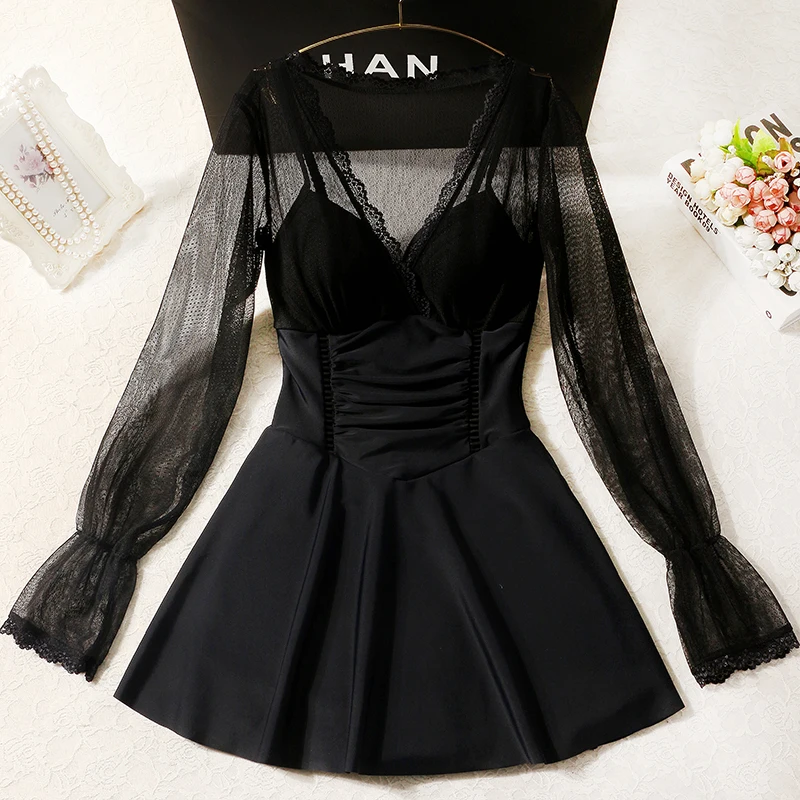 

YinFengTing New Women Black One Piece Swimwear Transparent Long Sleeve Swim Beach Dress Push Up Bathing Suits Beachwear Swimsuit