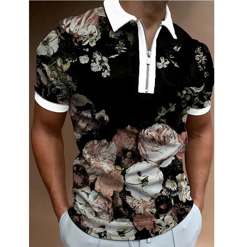 

Fashion Men's Clothing Polo Shirts Streetwear Flowers Print Casual Short Sleeve Tee Shirt Men Turn-Down Collar Zipper Polo Tops