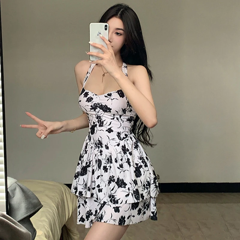 

Swimsuit Women 2022 One Piece Suit Pure Desire Black Corn Poppy Girl Bind Neck Hung High Waist Abdomen Bathing Floral Polyester