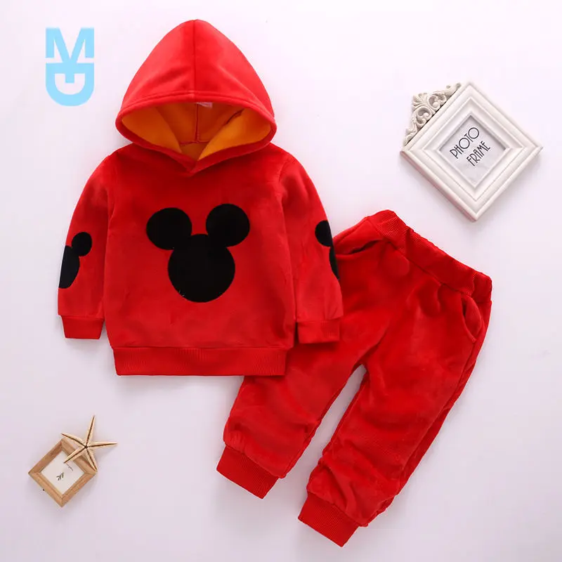 

New Boys Girls Clothing Sets Autumn Winter Velvet Hooded + Pants Set Warm Kids Clothes 2Pcs Unisex Boys Girls Clothes