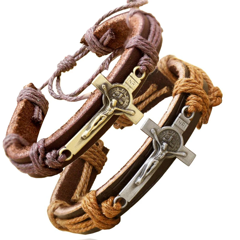 Винтажный коричневый кожаный браслет с крестом для мужчин Иисус христианские