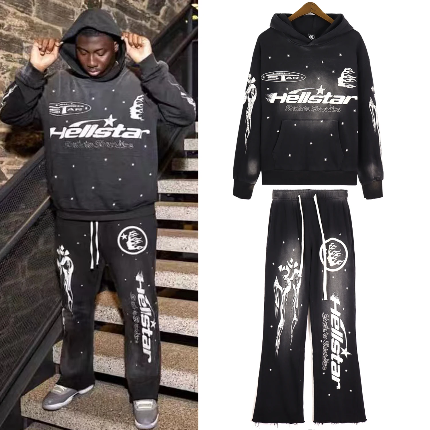 

Hellstar High Street vintage wash to do old casual mud print sports sweatpants hoodie hoodie couple set