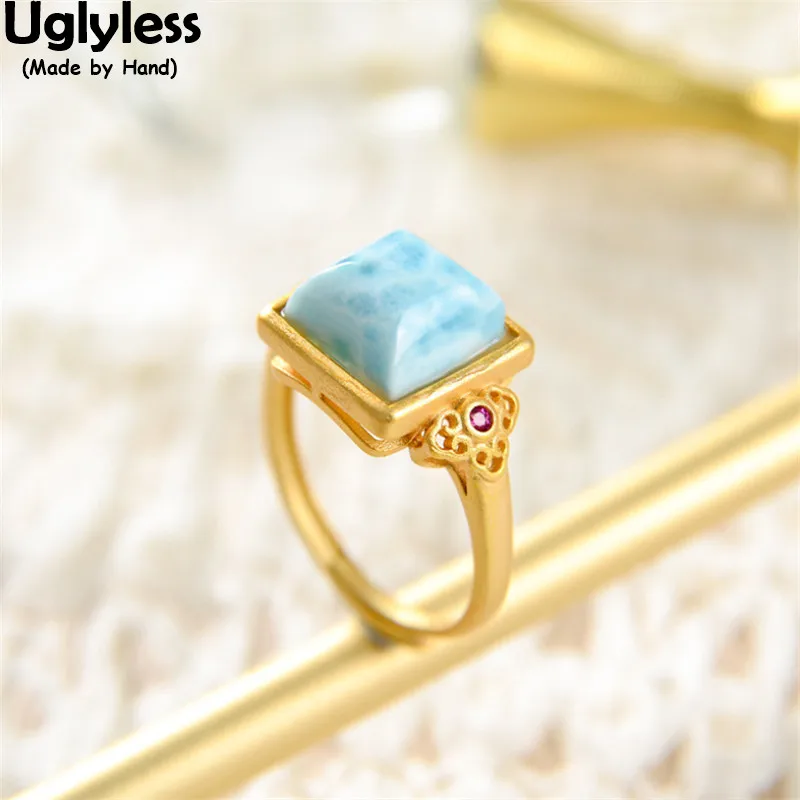 

Uglyless Natural Larimar Square Open Rings for Women Minimalism Geometric Gemstones Rings Gold 925 Silver Party Dress Jewelry