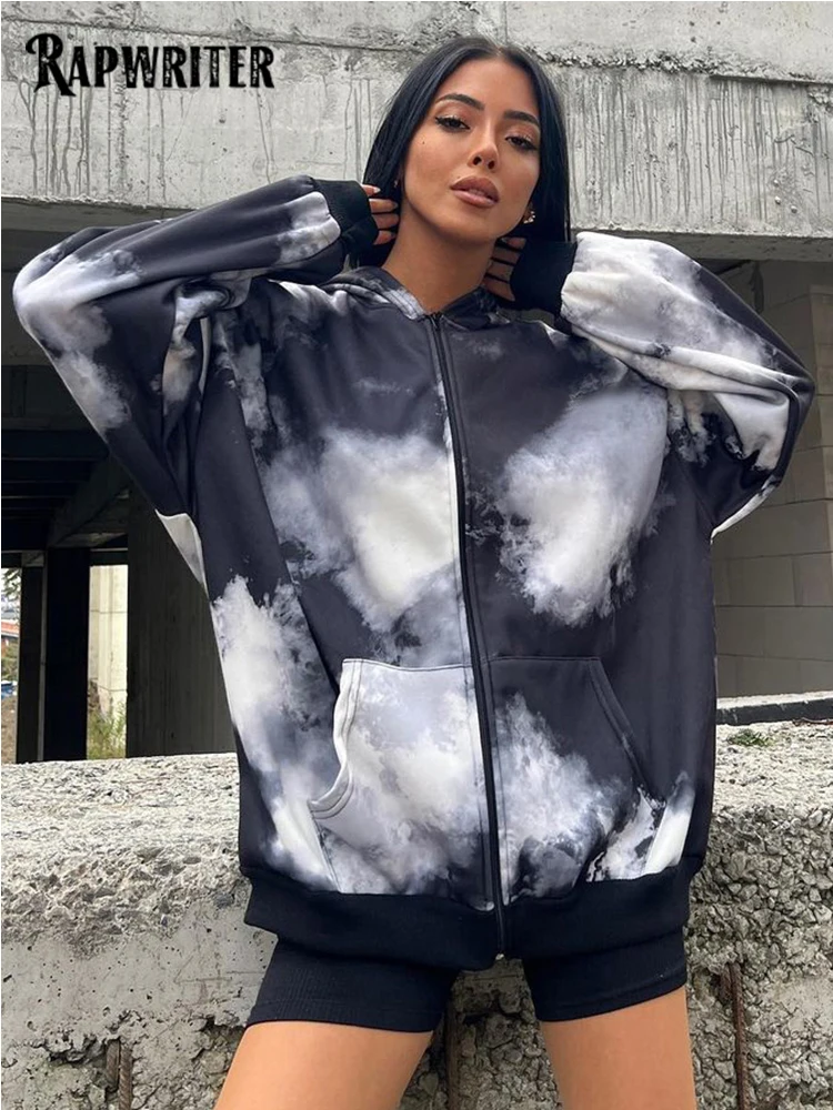 

Rapwriter Casual Tie-Dyed Hooded Sweatshirt For Woman Grunge Long Sleeves Baggy Zipper Autumn Winter Jackets Fashion Streetwear