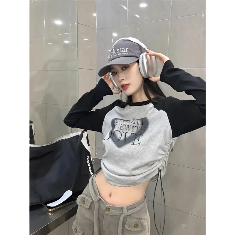 

Deeptown Kpop Vintage Y2k Grey Crop Top Women American Streetwear Letter Print Slim Long Sleeve Tshirts Patchwork Drawstring Tee