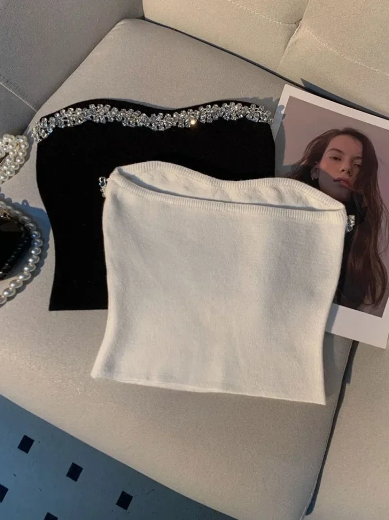 Сексуальный вязаный топ без бретелек с бриллиантами женская одежда облегающие