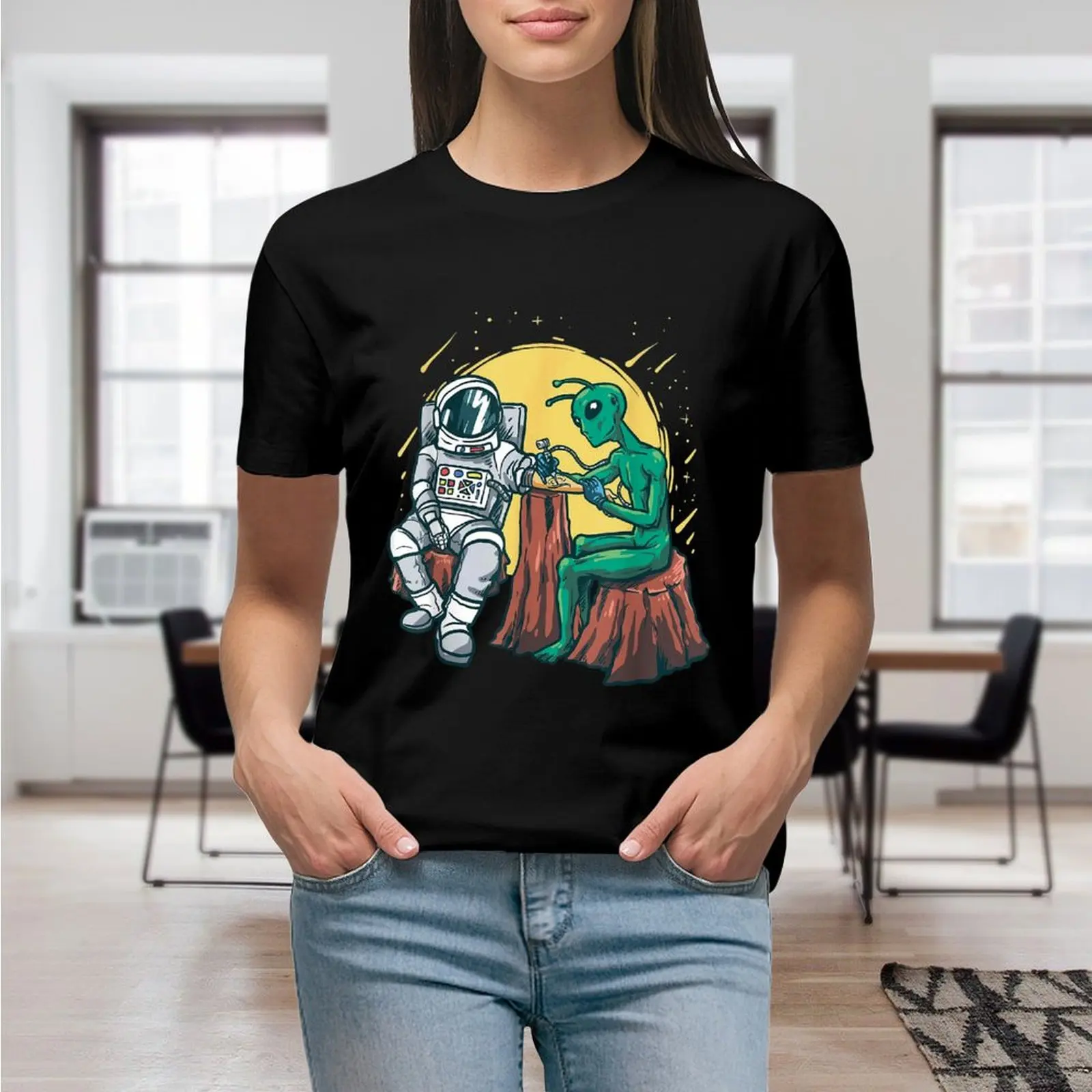 Женская Футболка С Рисунком Alien Astronaut Ink Sketch Design Повседневный Топ Короткими