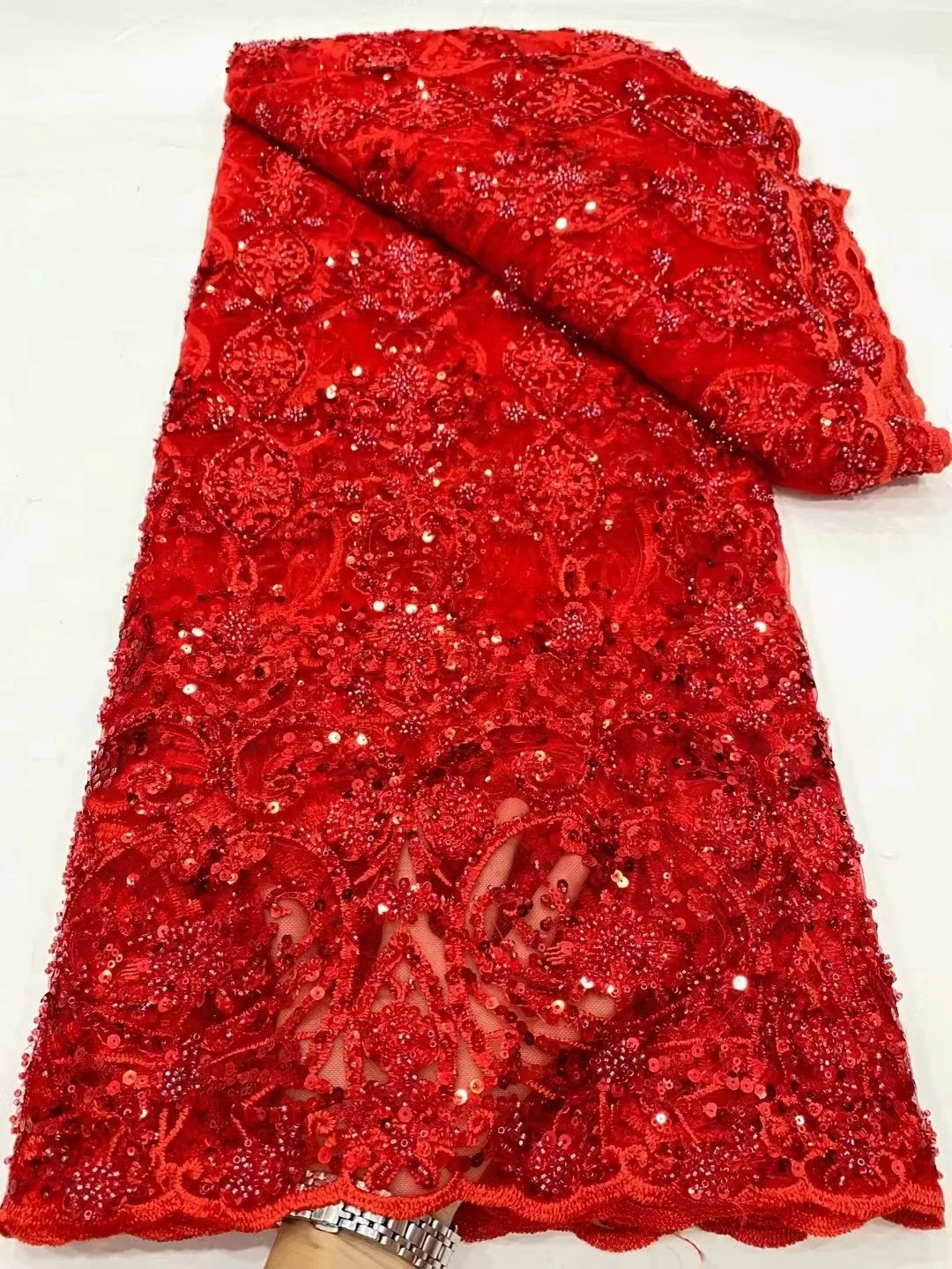 

Handmade African Lace Fabric 2023 High Quality Sequins French Mesh Lace Fabric Nigerian Beaded Lace Fabrics For Wedding
