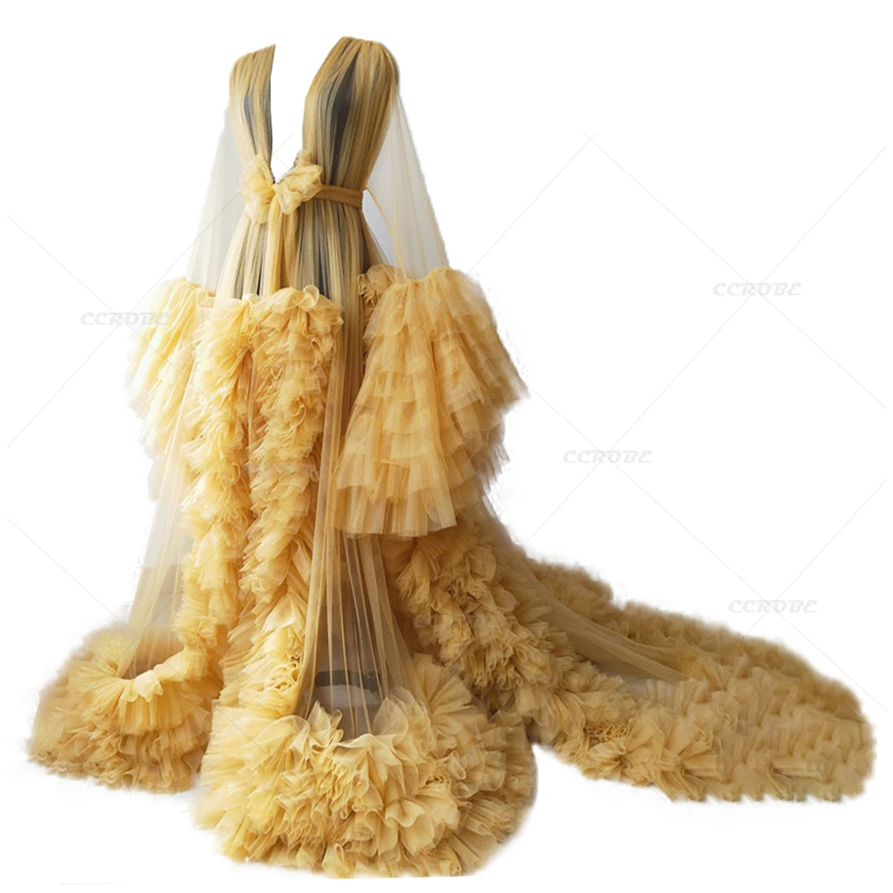 

Wedding Dressing Gown Ruffle Tulle Bridal Robe Puffy Perspective Sheer Long Drag Nightgown Sleepwear Photoshoot Maternity Dress