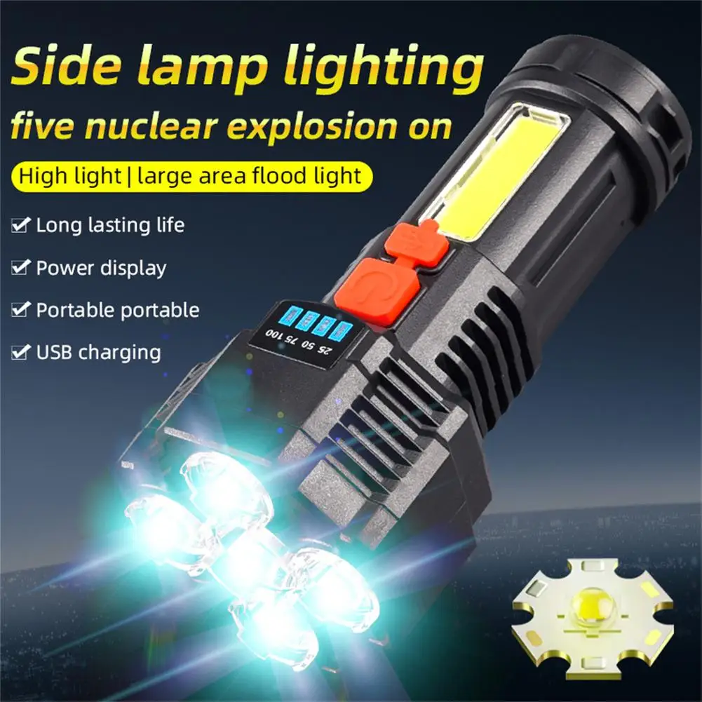 

Outdoor Portable 5-heads Led Flashlight 5 Modes 4800mah Lithium Battery Usb Rechargeable Super Bright Torch