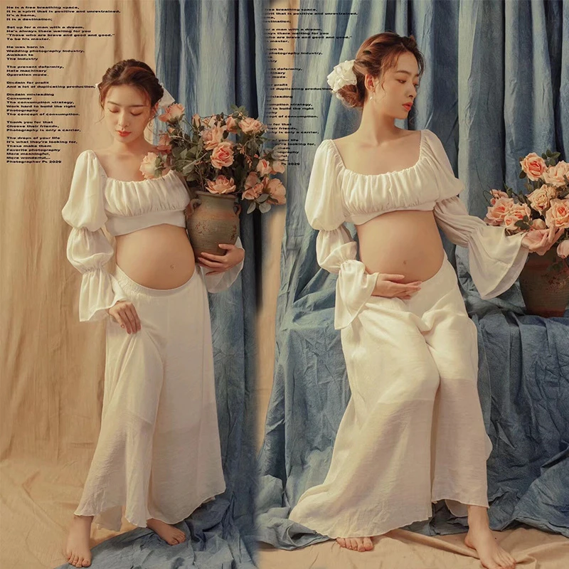 Women Photography Props Maternity Dresses Pregnancy White Full Sleeve Top Pants 2pcs Set Studio Shooting Photoshoot Clothes