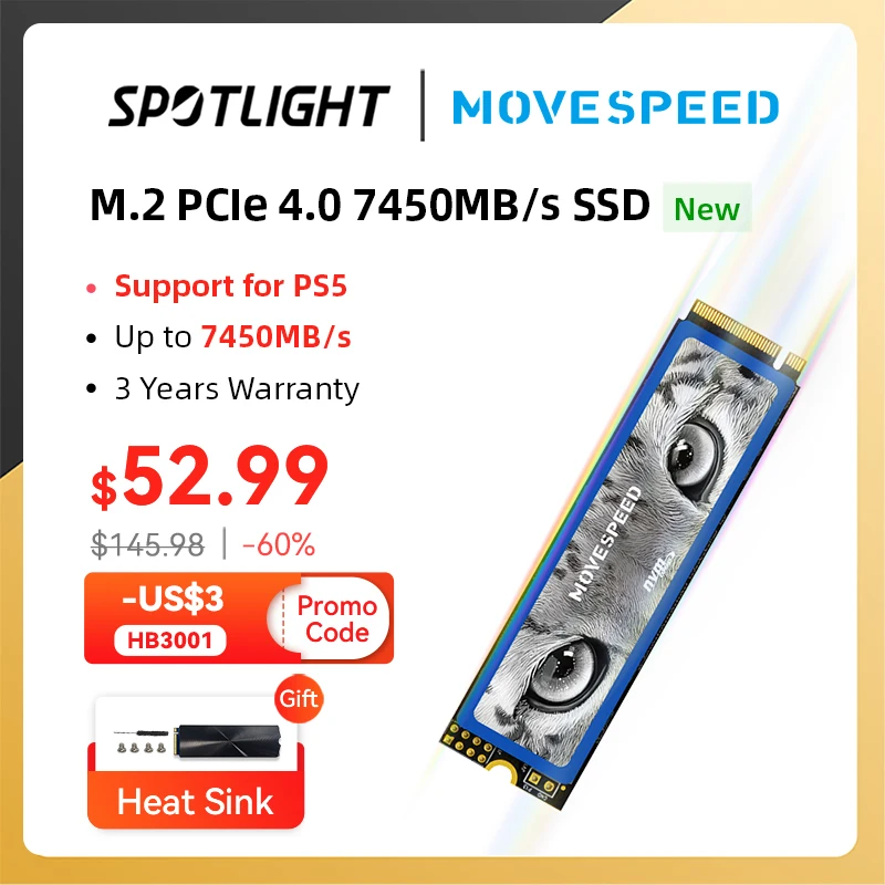 Movespeed 7450 Mb/S Ssd Nvme M.2 2280 4Tb 2Tb 1Tb Disco Rigido Interno A Stato Solido M2 Pcie 4.0X4 2280 Ssd Drive Per Pc Portatile Ps5