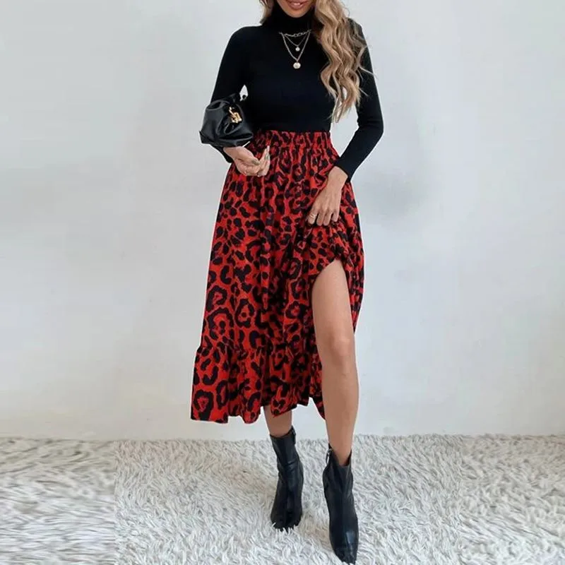 

2022 Fashion Bohemian Work Office Skirt Elegant Printed Leopard Skirt Women High Waist Skirts Casual Work OL Long Bottoms