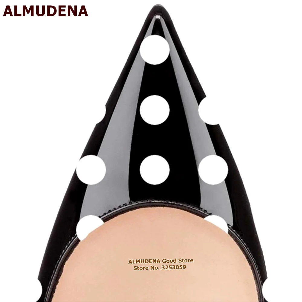 ALMUDENA Black/White Patent Leather Polka Dots High Heels 12cm 10cm 8cm Stiletto Heels Pointy Toe Classy Pumps Slip-on Shallow