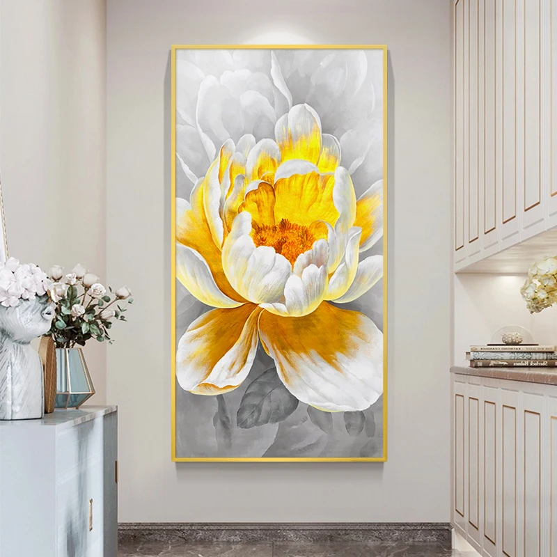 

Handmade Landscape Yellow Flowers Peony Texture Oil Painting On Canvas Entrance Home Decor Wall Art Vertical Mural Frameless